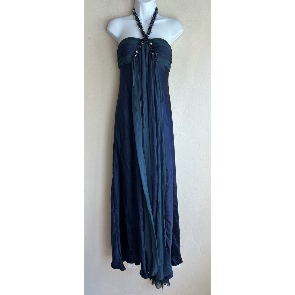 Y2K Marc Bouwer Glamit Silk Halter Gown 6 Goddess Mermaid Ethereal Beaded Formal